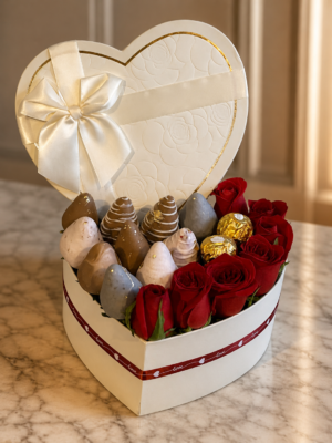 Corazón fresas achocolatadas, ferrero y rosas R141